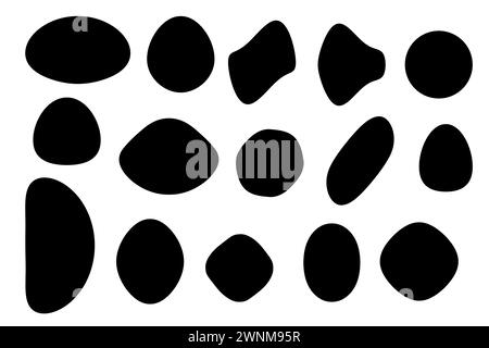 Geometrische Objekte, ovale, Kreise, Blob, schwarze Formen, für die Gestaltung von Postkarten, Plakaten, Bannern Illustrationen Stock Vektor