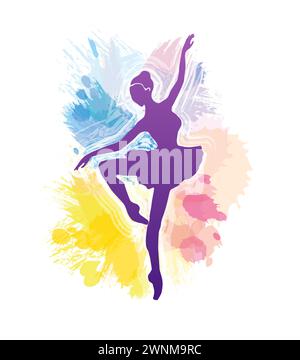 Ballett-Workout-Werbekonzept. Vektorsilhouette der Ballerina mit Passeposition und Allonge. Hintergrund im Aquarellstil. Sport- oder Tanzclub Stock Vektor