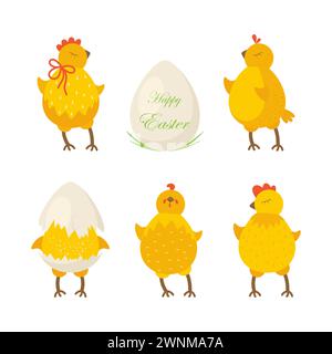 Osterset, kleine Hühner. Vektor-Illustration von Ostersymbolen. Stock Vektor