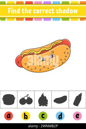 Suchen Sie den richtigen Schatten. Arbeitsblatt zur Entwicklung von Bildungsmaßnahmen. Aktivität". Farbspiel für Kinder. Zeichentrickfigur. Vektorabbildung. Stock Vektor