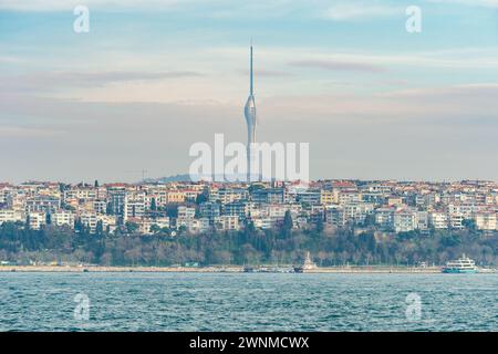 Landschaft der Stadt Istanbul mit dem neuen Kucuk Camlica TV Radio Tower, einem Telekommunikationsturm mit Aussichtsplattformen und Restaurants. Stockfoto