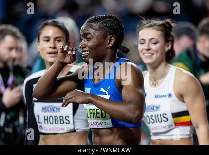 Glasgow, Großbritannien. März 2024. GLASGOW 20240302Julien Alfred aus Saint Lucia gewinnt die 60 m während der Leichtathletik-Weltmeisterschaft in der Emirates Arena in Glasgow, Großbritannien am 2. März 2024. Foto: Christine Olsson/TT/Code 10430 Credit: TT News Agency/Alamy Live News Stockfoto