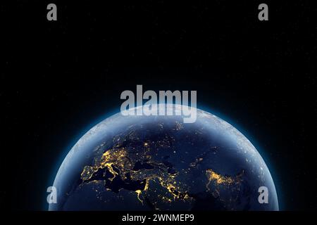 Erde-Planet in der Nacht im Weltraum mit Stadtlichtern drauf. Elemente dieses Bildes, bereitgestellt von der NASA. Stockfoto