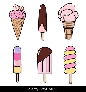 Süße Sommer-Vektor-Eis und Eis-Illustrationen mit verschiedenen schmackhaften isoliert auf weißem Hintergrund. Stock Vektor