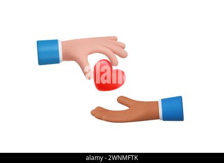 3D-Zeichentrickhand schenkt einem anderen das rote Herz. Social-Media-Konzept. 3D-Rendering. Vektorabbildung Stock Vektor