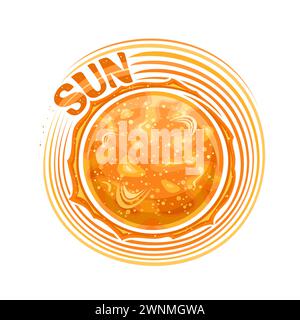 Vektor-Logo für Sonne, dekorativer kosmischer Druck mit rotierender Sternsonne, Gasoberfläche mit Explosionen und Feuer, Cartoon-Design rundes Cosmo-Tag mit einzigartigem Stock Vektor