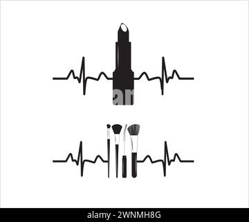 Make-up Herzschlag, Make-up Split Monogramm Rahmen. Make-up, Make-up-Werkzeug Monogramm. Lippenstift Vektor, Mascara, Make-up Pinsel. Make-up-Künstler Stock Vektor