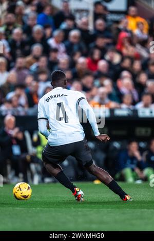 Mouctar Diakhaby von Valencia während des spanischen Meisterschafts-Liga-Fußballspiels zwischen Valencia CF und Real Madrid CF am 2. März 2024 im Mestalla-Stadion in Valencia, Spanien Stockfoto