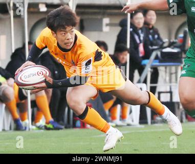 Tokio, Japan. März 2024. Kubota Spears Funabashi Tokyo-Bay Scrum Half Shinobu Fujiwara trägt den Ball während eines Spiels der Japan Rugby League One gegen Mitsubishi Heavy Industries Sagamihara Dynaboars im Prince Chichibu Rugby Stadion in Tokio am Sonntag, den 3. März 2024. Dynaboars besiegten Spears 34-28. (Foto: Yoshio Tsunoda/AFLO) Stockfoto