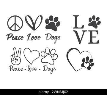 Peace Love Dogs, Pfotendrucke, Pfotendruck Monogramm, Dogs Love, aw Print, Hund Pfoten drucken svg, Hund Pfote Vektor, Pfote, Hund Mama, Welpe, Hundepfoten Vektor Stock Vektor