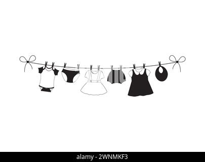 Clothesline Vektor, Line of Clothesline, Damen Clothesline Silhouetten, Clothesline Clipart, Kleidung Trocknen Stock Vektor