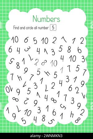 Finden und Kreisen Sie Nummer fünf einfache pädagogische Aktivität für Kinder, Umrisse Hand gezeichnete Vektorillustration, pädagogisches druckbares Arbeitsblatt, Freizeit Stock Vektor