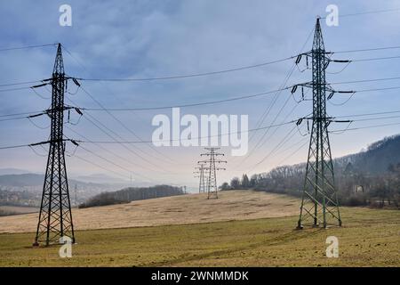 Alte Stromnetzübertragungstürme auf landwirtschaftlichen Flächen und Weiden in einem Nationalpark. Rostige Hochspannungs-Strommasten unter blauem Himmel auf dem Feld. Stockfoto