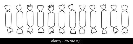 Lineares Kontursymbol für eingewickelte Bonbons. Karamell Bonbon Lutscher Schokolade, Line Cartoon Design Süßigkeiten Snack Set. Leckeres Zucker Dessert Essen kindliche Feier. Gewickelte Karamell-Bonbon-Vektor-Illustration Stock Vektor