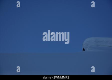 Gulmarg, Indien. März 2024. Der schwindende Mond erhebt sich über den schneebedeckten Hügel in Gulmarg, etwa 55 km von Srinagar entfernt. Quelle: SOPA Images Limited/Alamy Live News Stockfoto