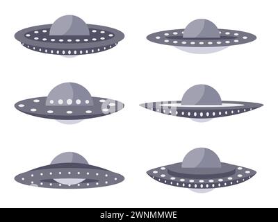 UFO-Symbolgruppe isoliert auf weißem Hintergrund. Sammlung außerirdischer Raumschiffe, Raumfliegende Untertasse. Außerirdische Raumfahrzeuge. Symbol-Design für Druck, Banner und Stock Vektor