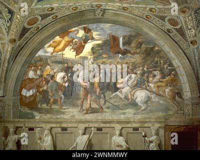 Das Treffen von Leo I. und Attila ist ein Fresko des italienischen Renaissance-Künstlers Raphael. Es wurde von 1513 bis 1514 im Apostolischen Palast im Vatikan, Stanze di Raffaello, gemalt. Sie befindet sich in der Stanza di Eliodoro, die nach der Vertreibung von Heliodorus aus dem Tempel benannt wurde. Stockfoto