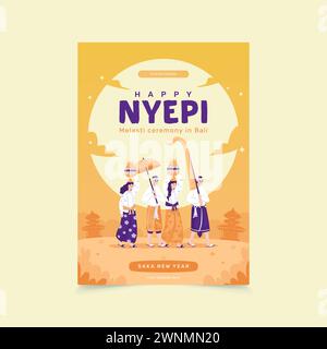 Die Melasti-Zeremonie feiert den Bali-nyepi-Tag auf dem Poster-Design Stock Vektor