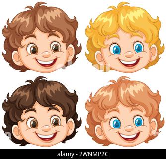 Vier fröhliche Zeichentrickkinder mit verschiedenen Frisuren. Stock Vektor