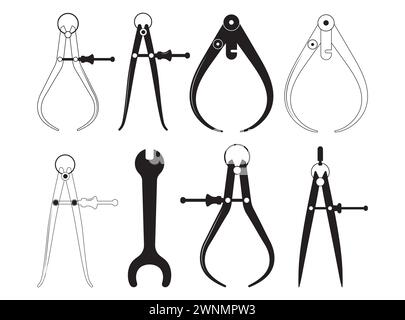 Bremssattelvektor, Bremssattelsilhouette, Konstruktion, Konstruktion Clipart, Bremssattelkontur, Maschinenführer, Wissenschaftler Stock Vektor