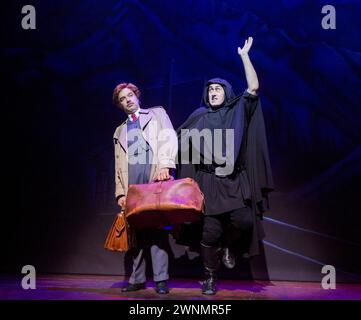 l-r: Hadley Fraser (Frederick Frankenstein), Ross Noble (Igor) in YOUNG FRANKENSTEIN am Garrick Theatre, London WC2 10/10/2017 Buch, Musik & Texte von Mel Brooks Set Design: Beowulf Boritt Kostüme: William Ivey lange Perücken & Haare: Paul Huntley Beleuchtung: Ben Cracknell Regie & Choreographie: Susan Stroman Stockfoto