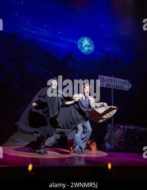 l-r: Ross Noble (Igor), Hadley Fraser (Frederick Frankenstein) in YOUNG FRANKENSTEIN im Garrick Theatre, London WC2 10/10/2017 Buch, Musik & Texte von Mel Brooks Set Design: Beowulf Boritt Kostüme: William Ivey lange Perücken & Haare: Paul Huntley Beleuchtung: Ben Cracknell Regie & Choreographie: Susan Stroman Stockfoto