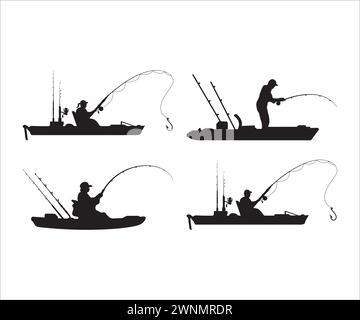 Kajak Angeln Vektor, Kajak Fischer, Kajak Angeln Silhouette, Angeln, Kajak Angeln Schablone, Kajakangeln SVG File, Flussangeln Stock Vektor