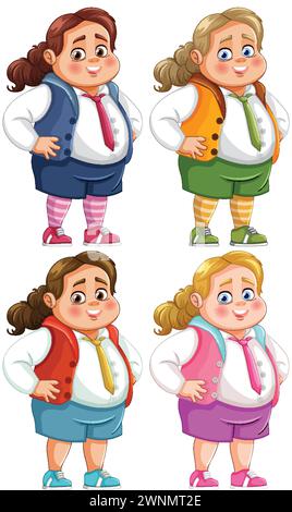 Vier Posen fröhlicher, Comic-Schulmädchen, die lächeln. Stock Vektor