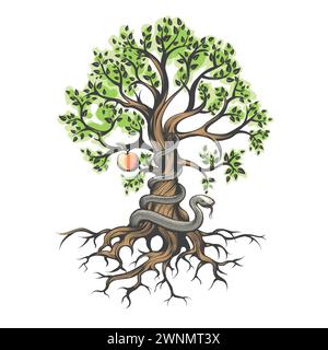 Schlange Tempter wickelt sich um einen Baum des Wissens von gut und Böse isoliert auf weißer Vektor-Illustration. Es wurde keine AI verwendet. Stock Vektor