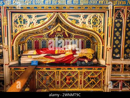 Grab und Bildnis von Bischof Hugh Oldham, Gründer der Manchester Grammar School und des Corpus Christi College in Oxford. Exeter Cathedral, Devon, England, Großbritannien Stockfoto