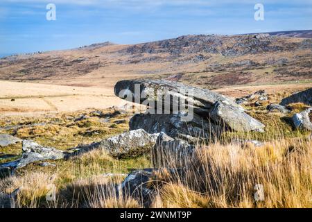 Felsvorsprung auf Row Tor mit Blick auf den Belstone Ridge im Hintergrund. Dartmoor-Nationalpark, Devon, England, Großbritannien. Stockfoto