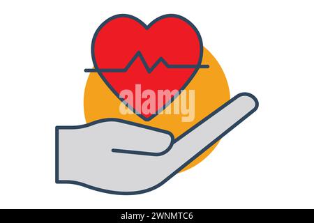 Symbol Lebensversicherung. Hand mit Herzpuls. Emblem des Schutzes, der Sicherheit. Ideal für die Darstellung von Lebensversicherungspolicen und Versicherungsschutz. Flache Linie Symbol styl Stock Vektor