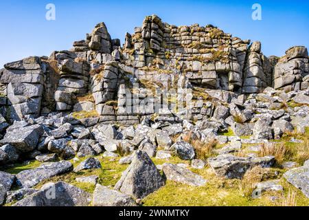 Der riesige Granitvorsprung des höheren Tors auf der Belstone Ridge weist ein ausgeprägtes Muster vertikaler und horizontaler Verbindungen auf. Dartmoor, Devon, Großbritannien. Stockfoto