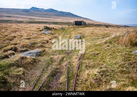 Die Rowtor Target Railway ist eine 24-Zoll-Eisenbahn. Schmalspurbahn. Sie schleppte ein Ziel für Schießübungen. Dartmoor-Nationalpark, Devon, England, Großbritannien. Stockfoto