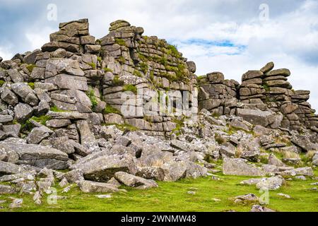 Der riesige Granitvorsprung des höheren Tors auf der Belstone Ridge weist ein ausgeprägtes Muster vertikaler und horizontaler Verbindungen auf. Dartmoor, Devon, Großbritannien. Stockfoto