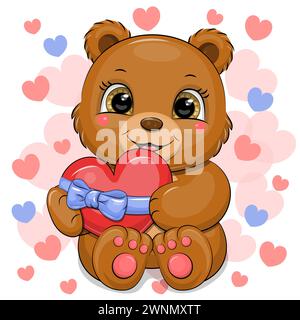Süßer Cartoon-Bär, der ein Herz mit blauem Band hält. Vektor-Illustration eines Tieres auf einem weißen Hintergrund mit vielen rosa Herzen. Stock Vektor