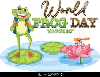 Fröhlicher Frosch, der auf einem Lilienblock steht, mit Text Stock Vektor