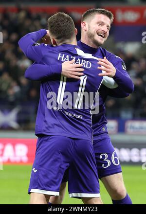 Brüssel, Belgien März 2024. Thorgan Hazard von Anderlecht feiert, nachdem er am Sonntag, den 03. März 2024, in Brüssel, am 28. Tag der ersten Liga der „Jupiler Pro League“ 2023-2024 in der belgischen Meisterschaft einen Treffer bei einem Fußballspiel zwischen RSC Anderlecht und KAS Eupen erzielt hat. BELGA PHOTO VIRGINIE LEFOUR Credit: Belga News Agency/Alamy Live News Stockfoto