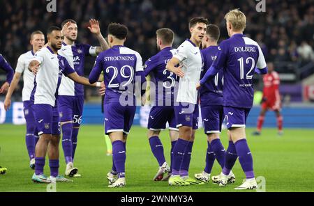 Brüssel, Belgien März 2024. Thorgan Hazard von Anderlecht feiert, nachdem er am Sonntag, den 03. März 2024, in Brüssel, am 28. Tag der ersten Liga der „Jupiler Pro League“ 2023-2024 in der belgischen Meisterschaft einen Treffer bei einem Fußballspiel zwischen RSC Anderlecht und KAS Eupen erzielt hat. BELGA PHOTO VIRGINIE LEFOUR Credit: Belga News Agency/Alamy Live News Stockfoto