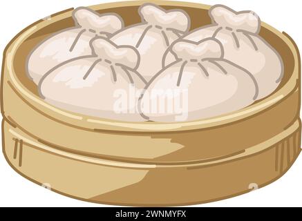 Chinesische Knödelgerichte werden auf Holzteller serviert Stock Vektor