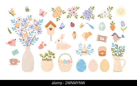 Niedliches Set mit Happy Easter-Designelementen in Pastellfarben. Kaninchen, Ei, Blumen, Eier, Huhn, Schmetterling und andere Federelemente. Für Poster, Cover, Stockfoto