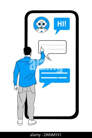 Geschäftsmann, der mit Chatbot auf dem Telefonbildschirm chattet Stock Vektor
