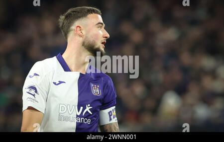 Brüssel, Belgien März 2024. Zeno Debast von Anderlecht, das während eines Fußballspiels zwischen RSC Anderlecht und KAS Eupen am Sonntag, den 3. März 2024 in Brüssel, am 28. Tag der ersten Liga der Jupiler Pro League 2023-2024 in der belgischen Meisterschaft gezeigt wurde. BELGA PHOTO VIRGINIE LEFOUR Credit: Belga News Agency/Alamy Live News Stockfoto