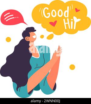 Frau kommunizieren mit Sticker gut und hallo Stock Vektor