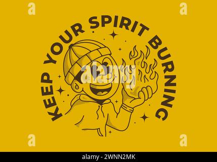 Lassen Sie Ihren Geist brennen. Retro-Illustration eines Beanie-Typen, der ein Feuer hält Stock Vektor
