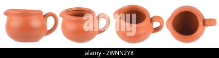 Set aus Keramikbechern mit verschiedenen Winkeln, isoliert auf weißem Hintergrund. Stockfoto
