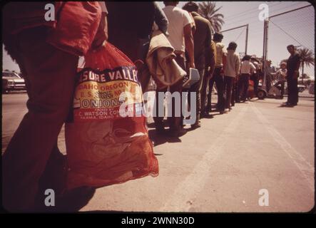 Calexico, Kalifornien. Mai 1972. Zurück nach Mexiko für diese Landarbeiter, die von der Grenzpatrouille in Calexico wegen illegaler Einreise aufgegriffen wurden. Höhere US-Löhne ziehen jährlich 300.000 illegale Migranten an, vor allem für landwirtschaftliche Betriebe, die vom Colorado River bewässert werden. Stockfoto