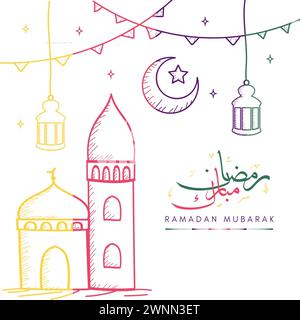 Ramadan Kareem Grußkarte. Ramadhan Mubarak. Übersetzt: Happy Holy Ramadan. Monat des Fastens für Muslime. Arabische und Englische Kalligraphie. Logo für Stock Vektor