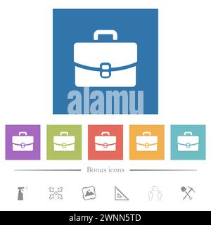 Aktenkoffer solide flache weiße Symbole mit quadratischem Hintergrund. 6 Bonussymbole enthalten. Stock Vektor