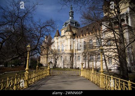 BUDAPEST, UNGARN - 04. März 2019: Das berühmte Schloss Vajdahunyad im Stadtpark von Budapest aus Sicht einer Brücke Stockfoto